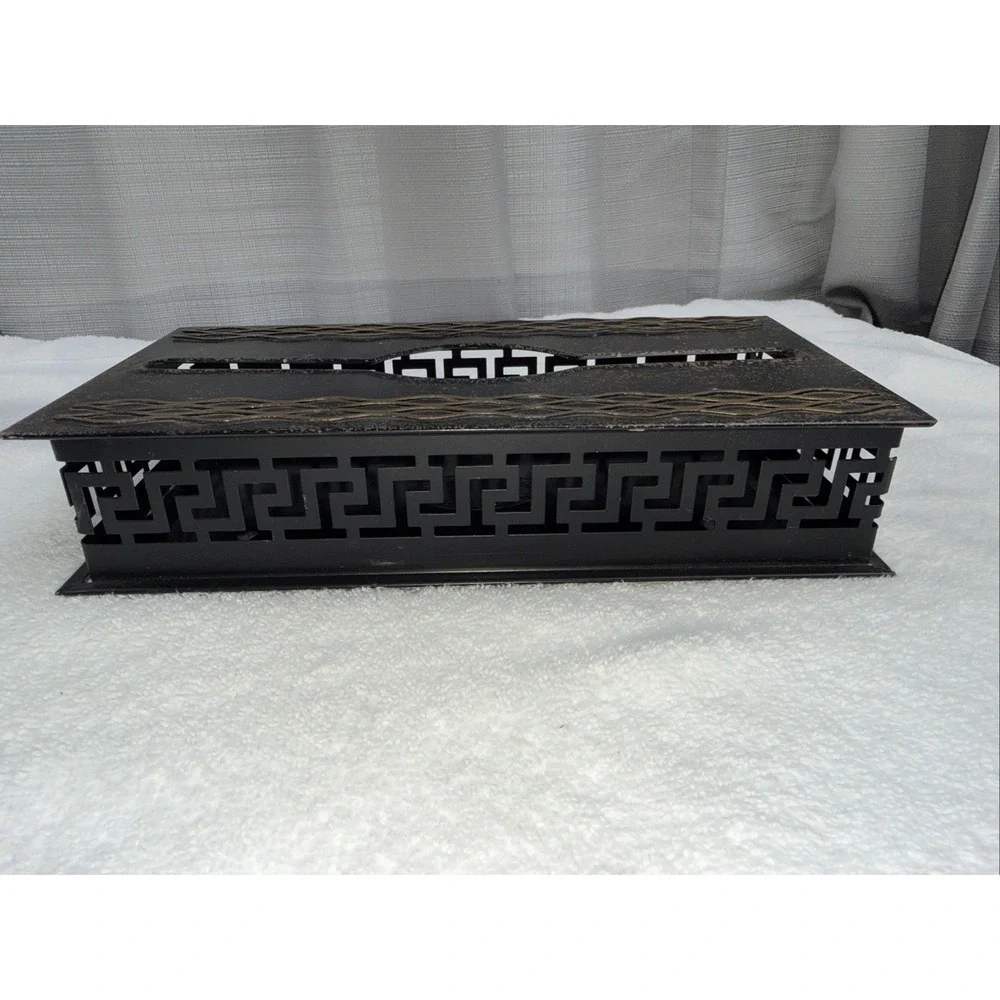 Plymouth Tole Ware Metal Hand Decorated  Black & Gold Wall Tissue Box Cover Long